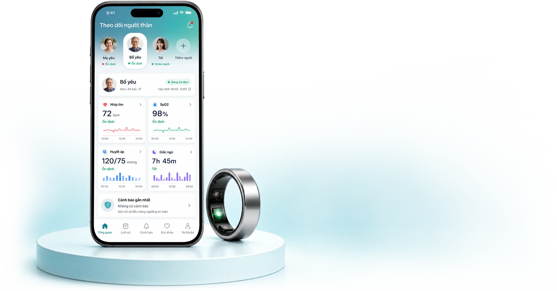 Ứng dụng SafeNSound trên điện thoại và nhẫn IMT Smart Ring
